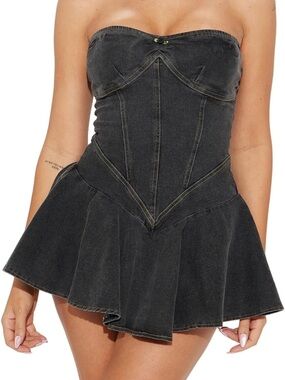 Fashion Nova Strapless Denim Corset Mini Dress in Faded Black